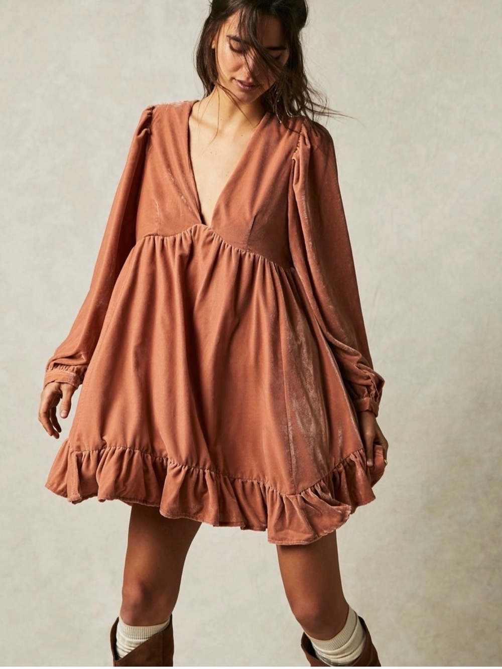 Free People Estella Copper Blush Velvet Mini Dress Ruffle Size S Romantic